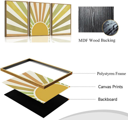 Bwodke Boho Wall Art, Framed Abstract Wall Art, Green Botanical Neutral Canvas Wall Decor, Large Mid Century Plant Pictures Set of 3, Modern Minimalist Paintings, for Bedroom Living Room Bathroom