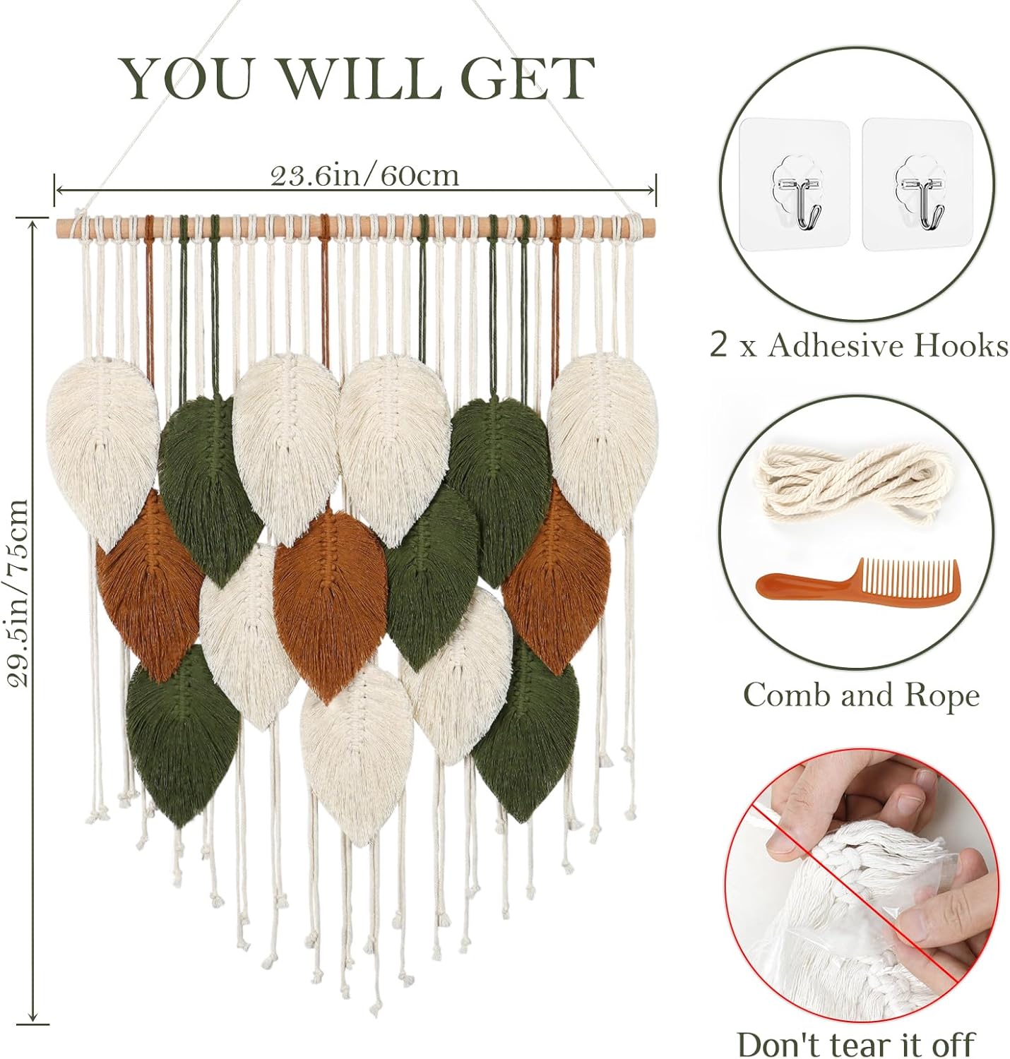 KHOYIME Large Macrame Wall Hanging Boho Woven Tapestry, Chic Home Decor Modern Bohemian Handmade Leaf Feather Wall Art Decorations for Apartment Dorm Living Room Bedroom Nursery Backdrop 39"W X 29.5"L