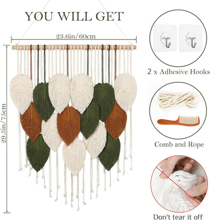 KHOYIME Large Macrame Wall Hanging Boho Woven Tapestry, Chic Home Decor Modern Bohemian Handmade Leaf Feather Wall Art Decorations for Apartment Dorm Living Room Bedroom Nursery Backdrop 39"W X 29.5"L
