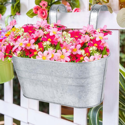 OBTANIM 4 Pack Metal Hanging Flower Pots Iron Railing Planter Outdoor Fence Hanging Pots Bucket Plant Holder with Detachable Hooks Drain Holes for Home Garden Yard Decor (Black)
