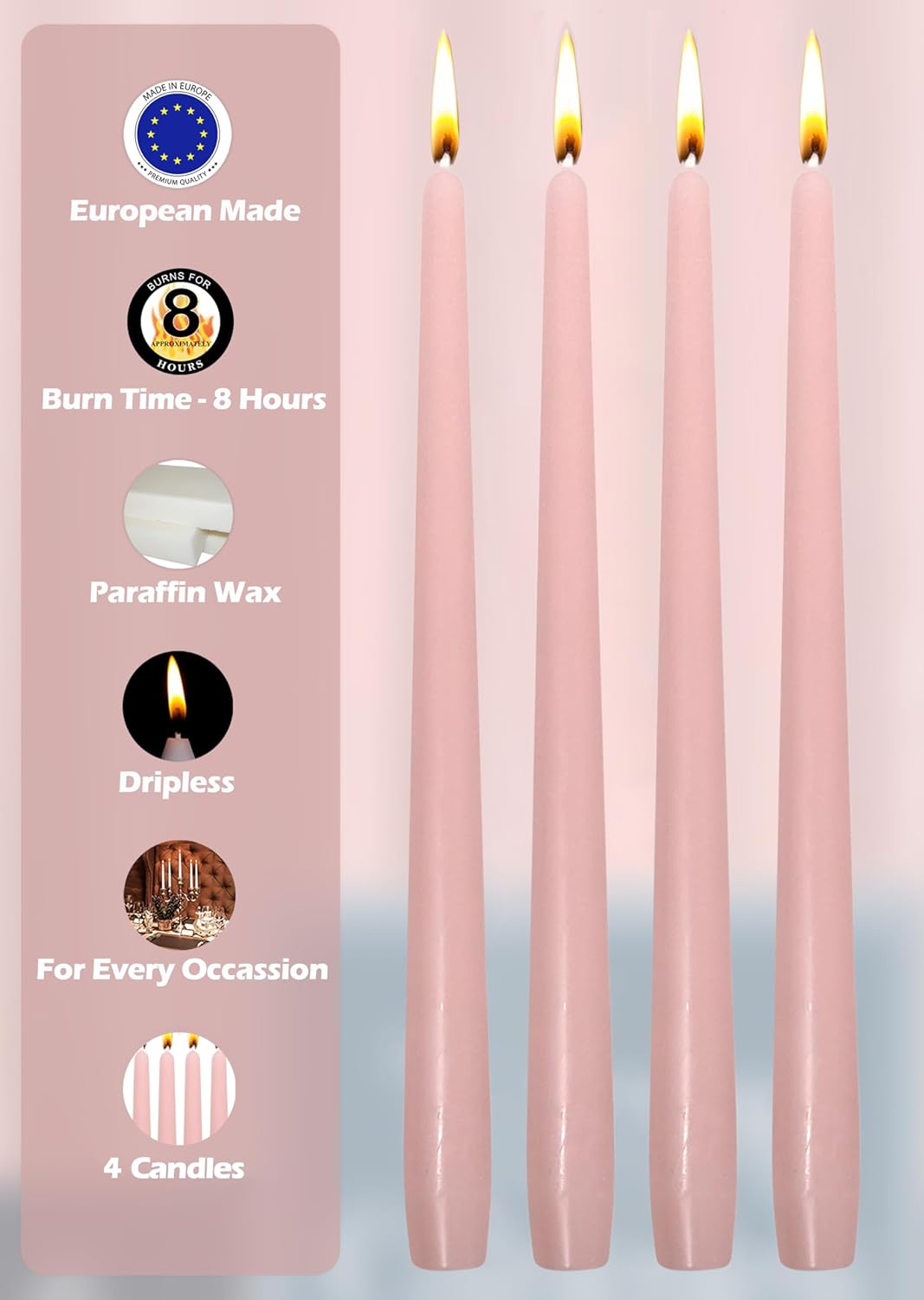 Hyoola Tall Taper Candles - 10 Inch Metallic Gold Unscented Dripless Taper Candles - 8 Hour Burn Time - 4 Pack