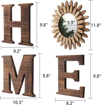 CHIF HAUTH Wood Home Sign with Sunflower Shaped Wood Mirror for O, Thick Letters for Wall Art, Rustic Decor, Farmhouse Home Wall Decor for Living Room, Entryway