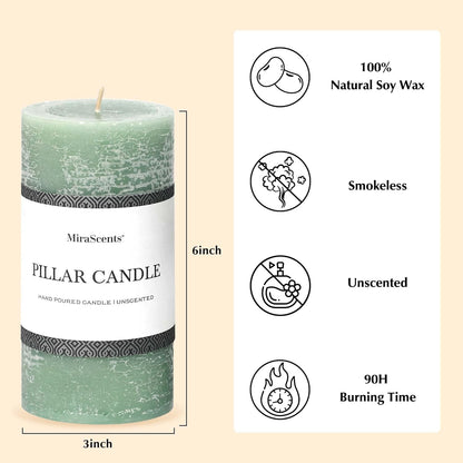 3x6 Inch Sage Green Pillar Candles Set of 3 - Unscented Spring, Long Clean Burning, Large Smokeless Dripless for Home Decor, Dinner Table, Bathroom, Rustic Decor