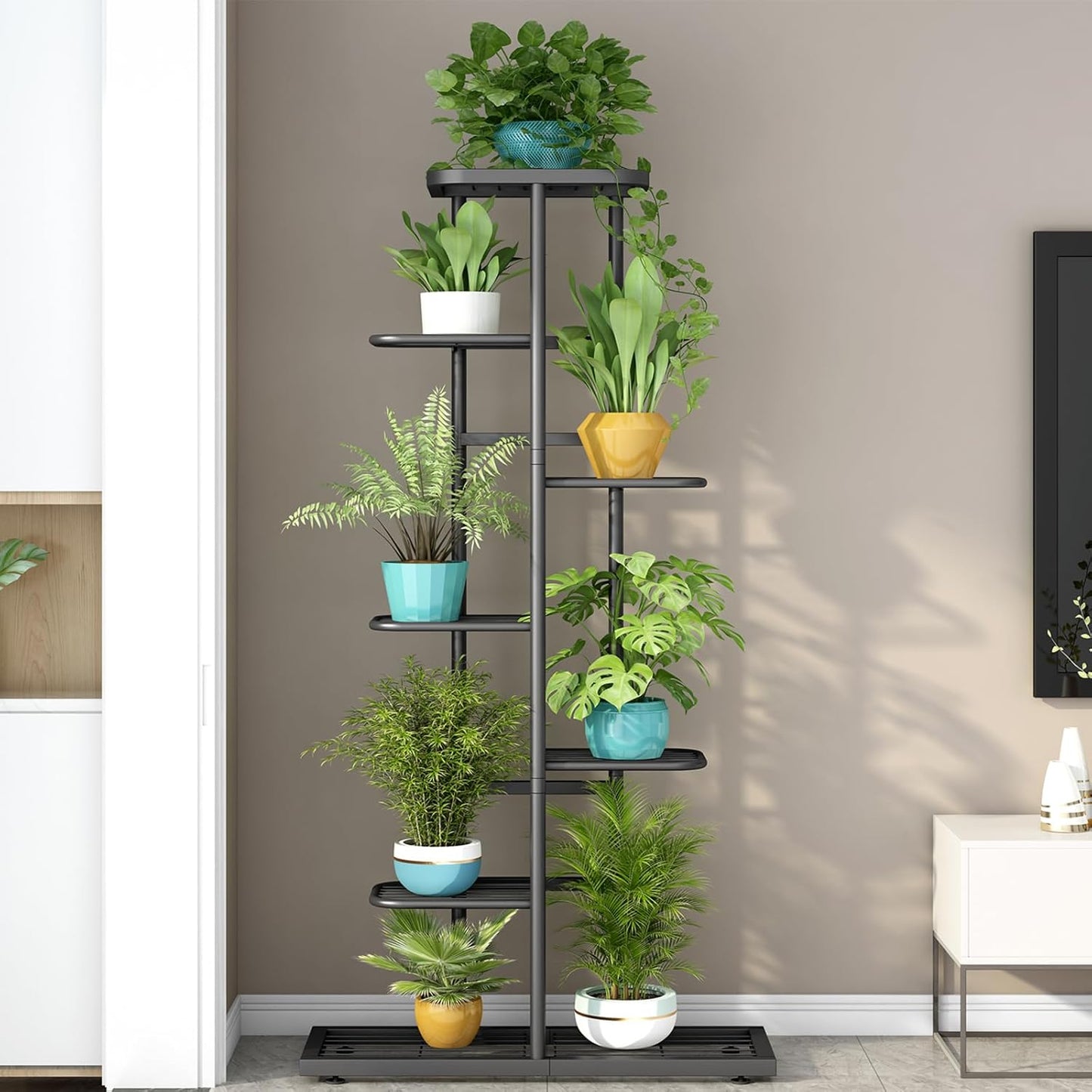 LINZINAR Plant Stand Indoor Outdoor Corner 4 Tier Metal Plant Shelf Patio Plant Rack for Garden Corner Balcony Living Room