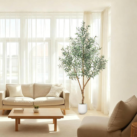 7FT Olive Trees Artificial Indoor - Realistic Artificial Olive Tree Indoor with White Planter, Large Full Fake Plants with Lifelike Fruits and Leaves for Modern Home Office Living Room Decor