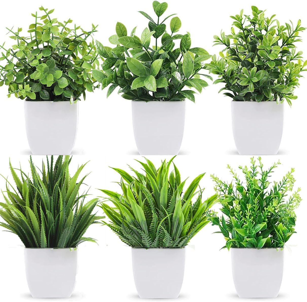 6 Pots Small Fake Plants Mini Artificial Potted Plants Eucalyptus Spring Grass Magnolia Bean Leaf and Rosemary Faux Plants for Table Desk Home Bathroom Office Farmhouse Decor, Grey