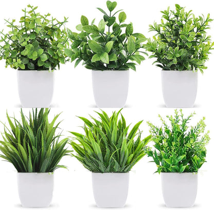 6 Pots Small Fake Plants Mini Artificial Potted Plants Eucalyptus Spring Grass Magnolia Bean Leaf and Rosemary Faux Plants for Table Desk Home Bathroom Office Farmhouse Decor, Grey