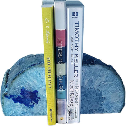 JIC Gem Dyed Blue Agate Bookends Geode Decorative Book Ends for Heavy Books with Rubber Bumpers for Office and Home Decoration Polished Small Size 2 to 3 Lbs