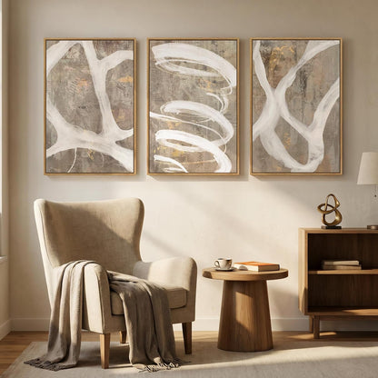 Large Framed Neutral Abstract Wall Art for Living Room, 3 Piece Modern Canvas Prints Paintings Artwork for Walls, Black and Beige Pictures for Living Room Hallway Stair Office Wall Decor 24x36 Inch