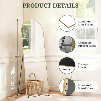Mirror Full Length 64"x21" Full Body Floor Mirror with Stand, Shatterproof Glass, Aluminum Alloy Frame, Free Standing Wall Mounted or Leaning Arched Mirrors for Bedroom Living Room Entryway