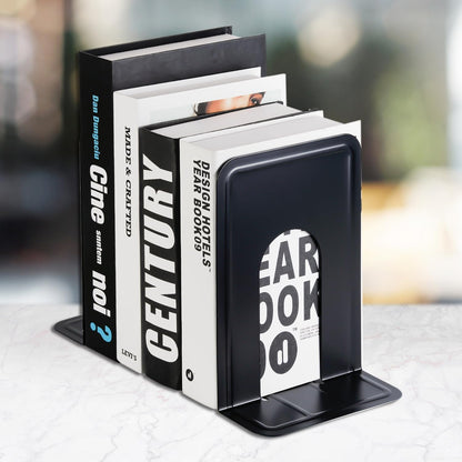 MaxGear Premium Matte Painted Book Ends, Heavy Duty and Sturdy Bookends for Shelves, Office Non-Skid Metal Book End Stopper for Books/CDs/DVDs, 6 x 4.6 x 6 in, Black, 2 Pairs/4 Pieces, Large