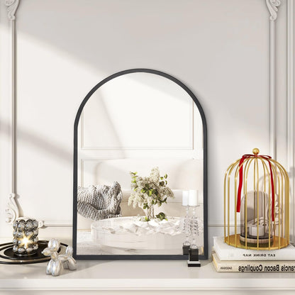 Black Arched Mirror, Modern Bathroom Wall Mirror Aluminum Alloy Framed Mirror Brushed Metal Vanity Wall Mounted Mirror for Livingroom Bedroom Entryway Room 16"x12"