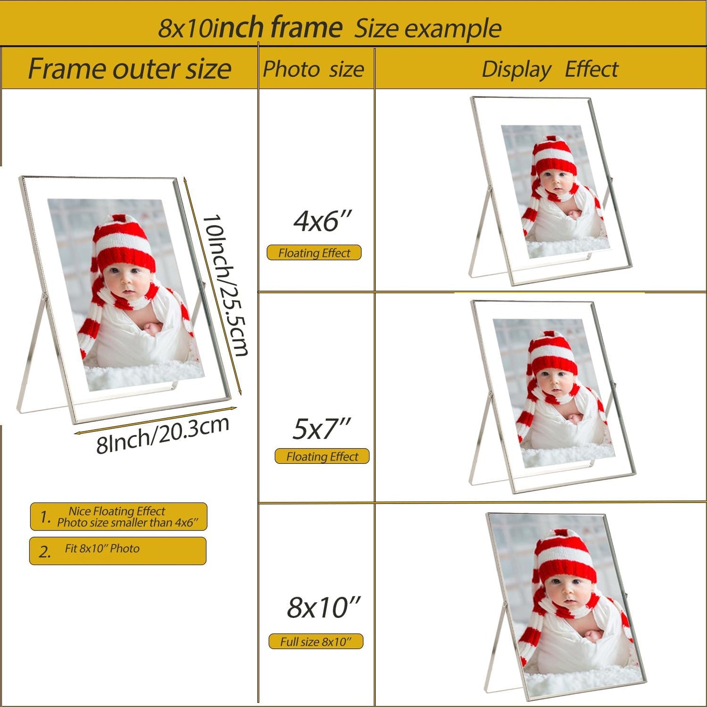 Gold 6x8'' Floating Photo Frame 2 Pack, Beaded Metal Frame Fits 3.5x5'', 4x6'' & 5x7'' Pictures, Adjustable Tabletop & Shelf Display, Elegant Wedding Gift for Home Decor