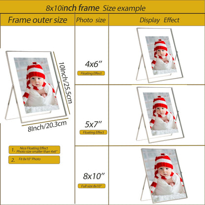 Gold 6x8'' Floating Photo Frame 2 Pack, Beaded Metal Frame Fits 3.5x5'', 4x6'' & 5x7'' Pictures, Adjustable Tabletop & Shelf Display, Elegant Wedding Gift for Home Decor