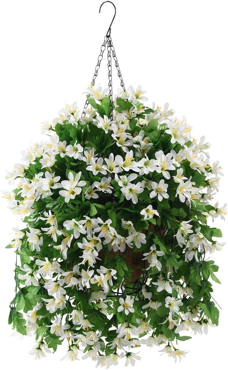 INQCMY Artificial Fake Hanging Plants Flowers Basket for Spring Summer Outdoor Outside Porch Decoration,UV Resistant Faux Silk Violet in Planter for Home Patio Balcony Garden Yard Decor(Red)