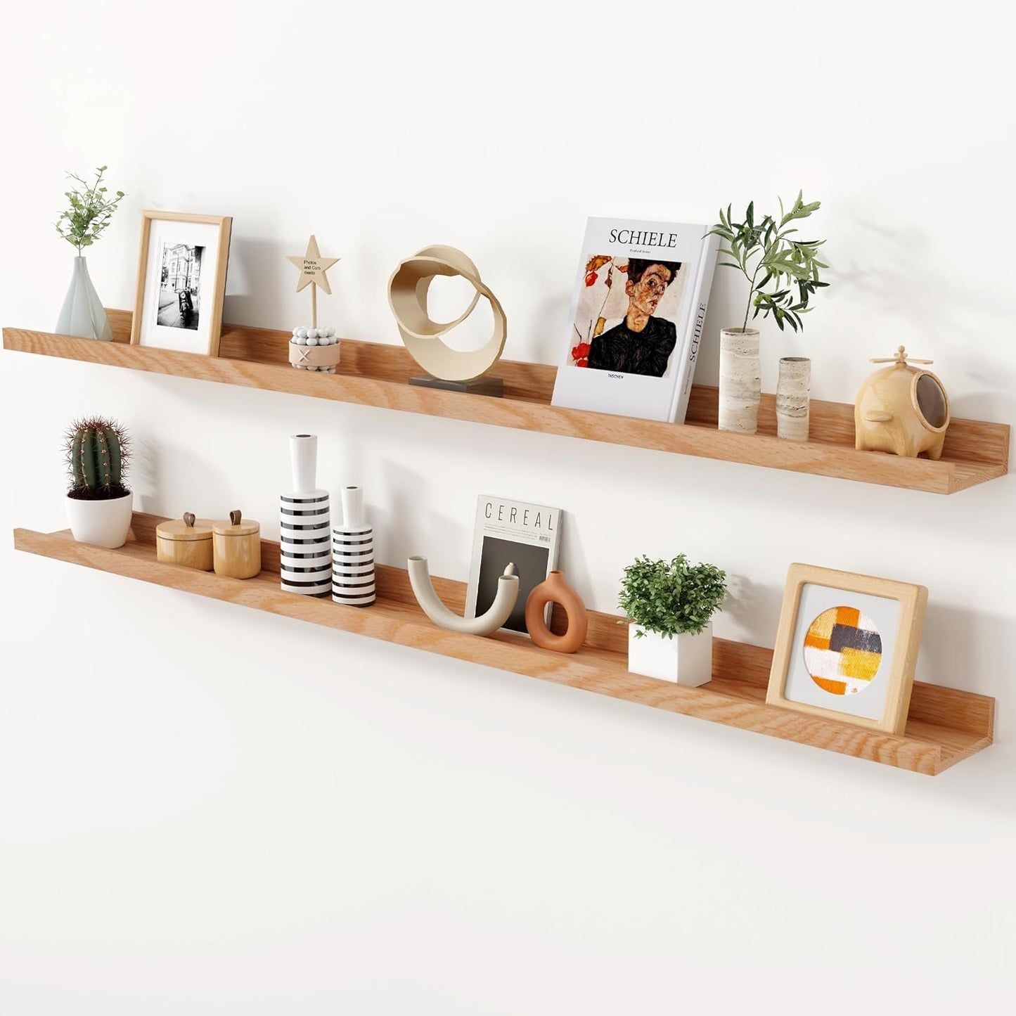 Axeman Oak Picture Ledge Shelf, 48 Inch Floating Shelves Set of 2, Solid Oak Wood Wall Shelves with Lip, Wall Decor Storage for Bedroom Living Room Bathroom Kitchen Nursery Photo Picture, Natural Oak