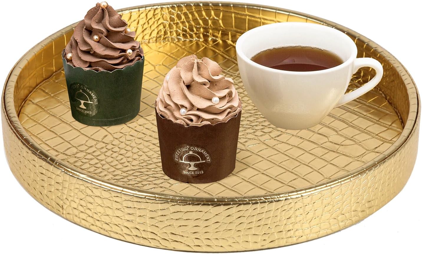 HofferRuffer Round Serving Tray 20'', Elegant Faux Leather Circle Ottoman Table Tray, Serve Tea Coffee Breakfast in Bedroom Living Room Kitchen (Brown)