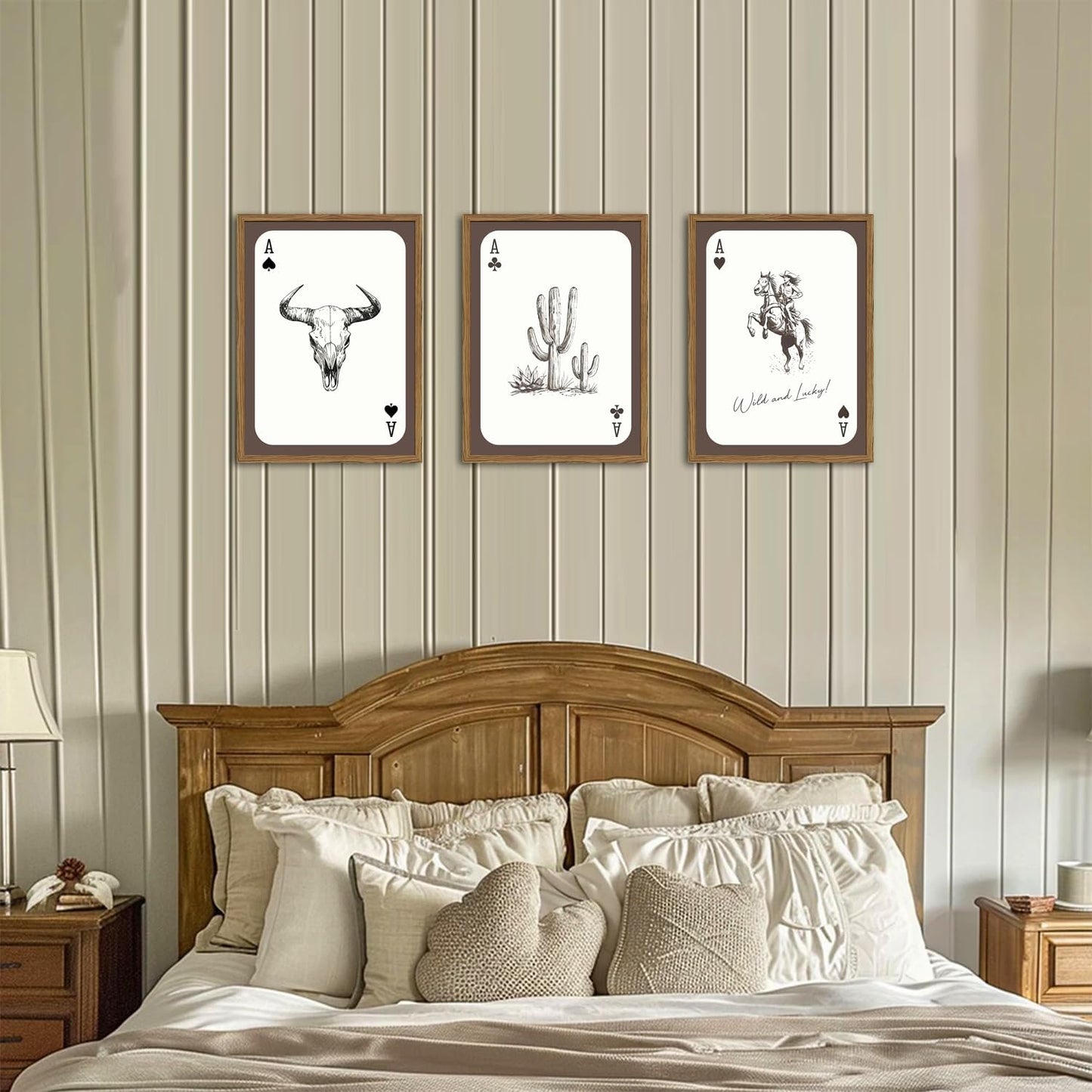 Western Wall Art Set of 3, Southwestern Cowboy Playing Card Wall Decor, Longhorn Bull Skull and How Lucky are We Poster Canvas Painting Prints for Bedroom Living Room 12x16 inch Wood Framed