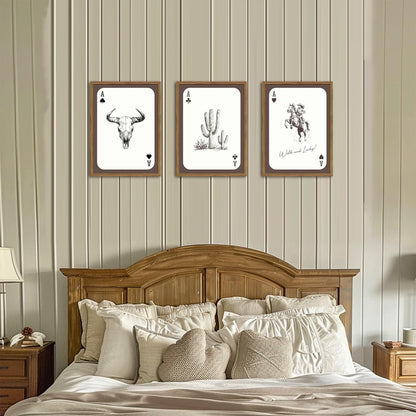 Western Wall Art Set of 3, Southwestern Cowboy Playing Card Wall Decor, Longhorn Bull Skull and How Lucky are We Poster Canvas Painting Prints for Bedroom Living Room 12x16 inch Wood Framed