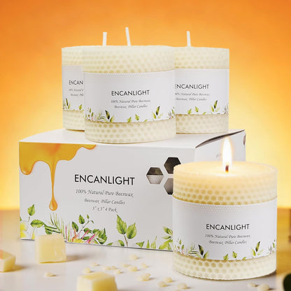 White Roll 2packs Bee swaxs Pillar Candles,Honeycamb Pillar Candle Set of 2 - Dripless and Smokeless,Approx 30 Hours Hurn for Home Decor,Party Wedding, Dinner