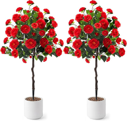 Lunmon 2 Pack 3ft Artificial Camellia Plants Tree 36" Faux Camellia Flower with Spike UV Resistant Realistic Fake Floral Blooming Bush for Indoor Outdoor Front Door Porch Backyard Garden, Purple