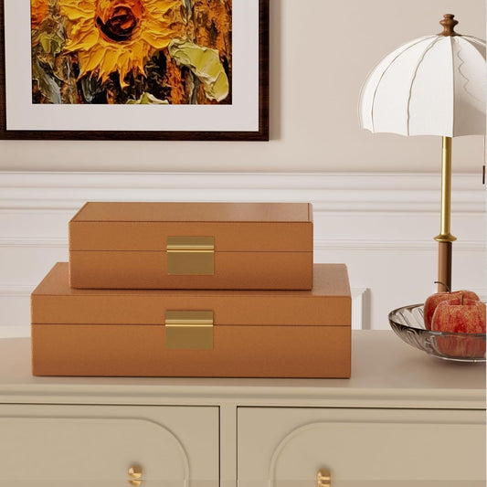 Decorative Storage Boxes Set of 2 - Multi-Purpose Beautiful PU Leather Organizer Bins for Your Home Decor - Decorative Containers with Lids Store Photos, Documents, Memory Box Keepsakes (Green)