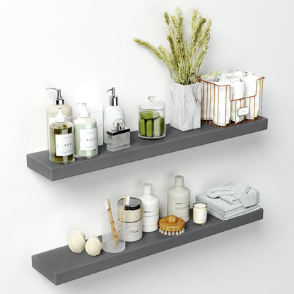 Homeforia 24 inch Natural Floating Shelf, High End Solid Real Wood 24inch Small Floating Shelves for Wall Mounted, Natural Wooden Floating Shelves, Heavy Duty Bracket, 24 X 6.5 X 1.75 in, Set of 2