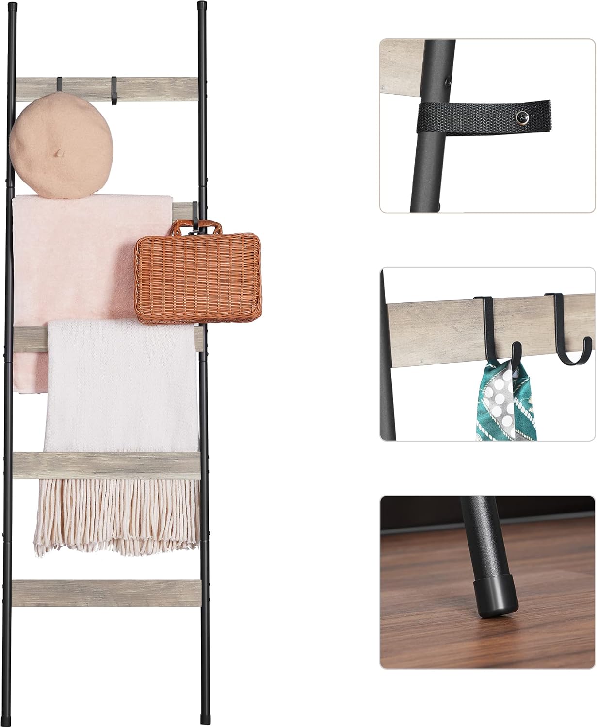 ELYKEN Blanket Ladder for Living Room, Farmhouse 5-Tier Quilt Holder with 4 Removable Hooks for Bathroom, Wood Towel Rack Display, Wall Anchor Leaning Decorative Stand for Home, Rustic Brown