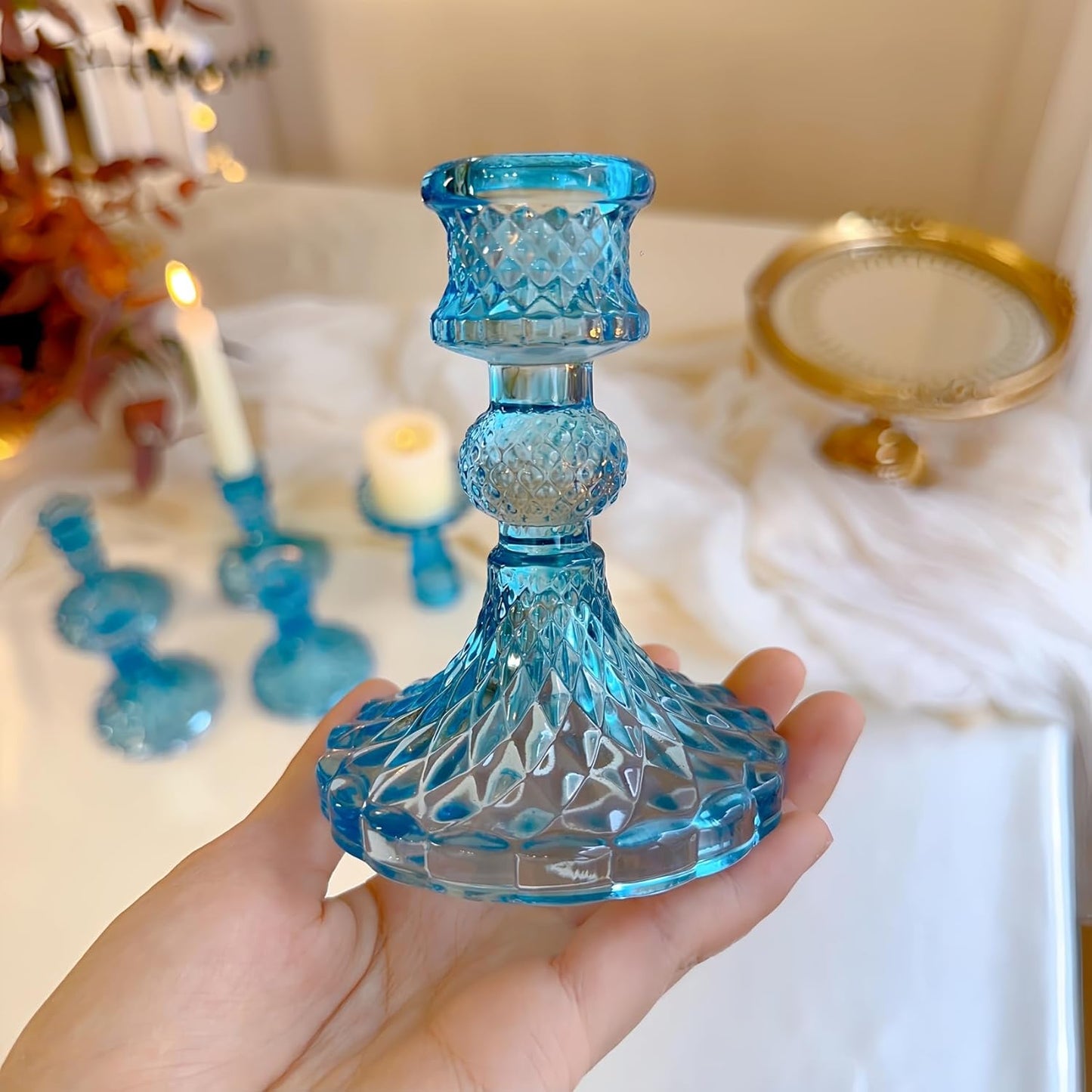 Glass Candlestick Holder,Striped Taper Candle Holders,Set of 6 Candle Stand for Table Centerpieces, Home Decor,Weddings,Festival and Parties (Clear Stripe Pattern)