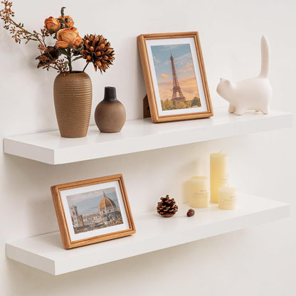 Floating Shelves 36 Inches Long - 8 Inch Deep Rustic Premium Solid Pine Wood for Storage - Farmhouse Wall Mounted for Living Room - Heavy-Duty Metal Bracket - 36" W x 8" D - Set of 2 - White Color