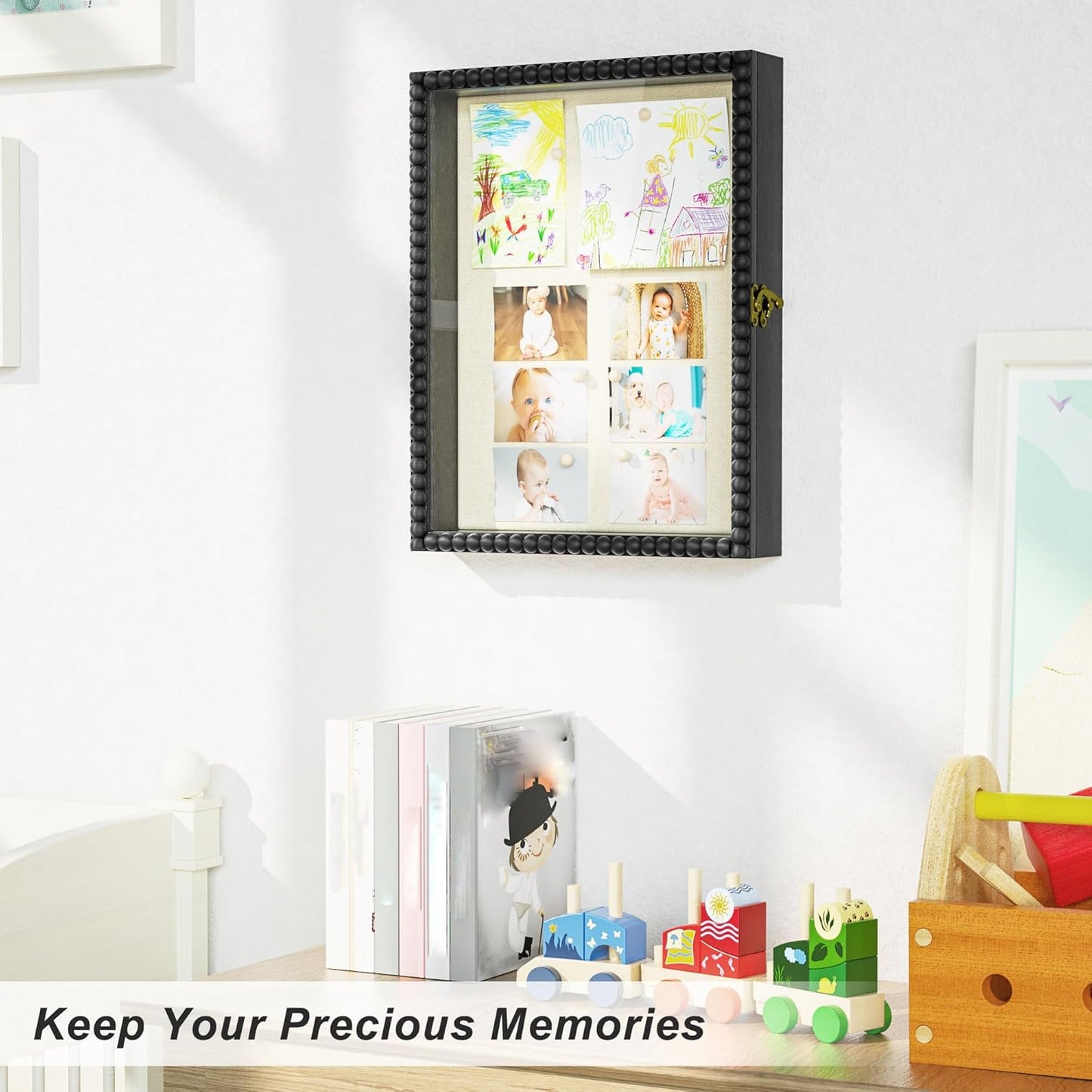Love-KANKEI Shadow Box Frame 11x14, Deep Large Shadow Box Display Case with Unique Beads Door and Glass Window, Wood Memory Box for Pictures,Medals,Memorabilia,Collections White