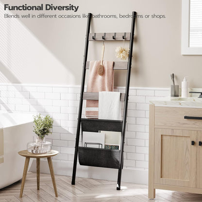 HOOBRO Blanket Ladder, 5 Tier Towel Rack, 17.3" L x 63" H, Wall-Leaning Blanket Rack for Living Room, Decorative Ladder with 4 Hooks and Magazine Pocket, Rustic Brown BF32CJ01