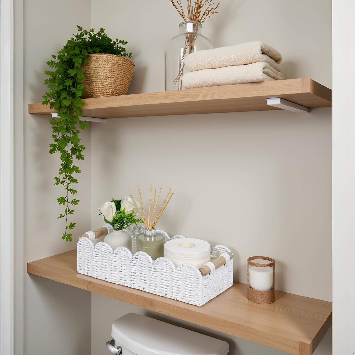 CubesLand Paper Rope Scalloped Edge Toilet Paper Storage Basket, Small Living Room, Bedroom Decor Baskets for Over Toilet Storage Shelf, End Table, Shelves and More, with 2 Wooden Handle, Neutral