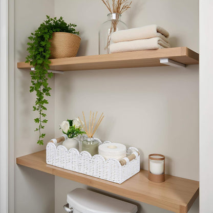 CubesLand Paper Rope Scalloped Edge Toilet Paper Storage Basket, Small Living Room, Bedroom Decor Baskets for Over Toilet Storage Shelf, End Table, Shelves and More, with 2 Wooden Handle, Neutral