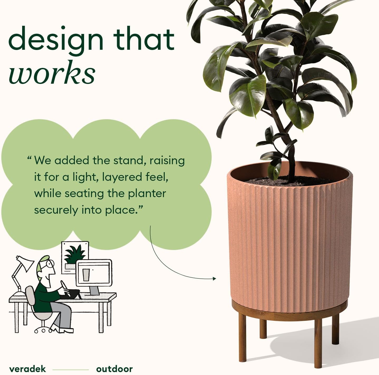 Veradek Demi Series Round Planter w/ Stand for Porch/Patio | Durable Plastic-Concrete & Wooden Stand | Modern Décor for Tall Plants, Flowers