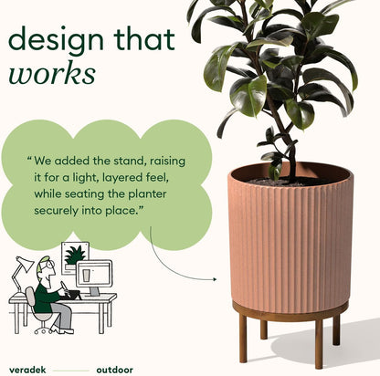 Veradek Demi Series Round Planter w/ Stand for Porch/Patio | Durable Plastic-Concrete & Wooden Stand | Modern Décor for Tall Plants, Flowers