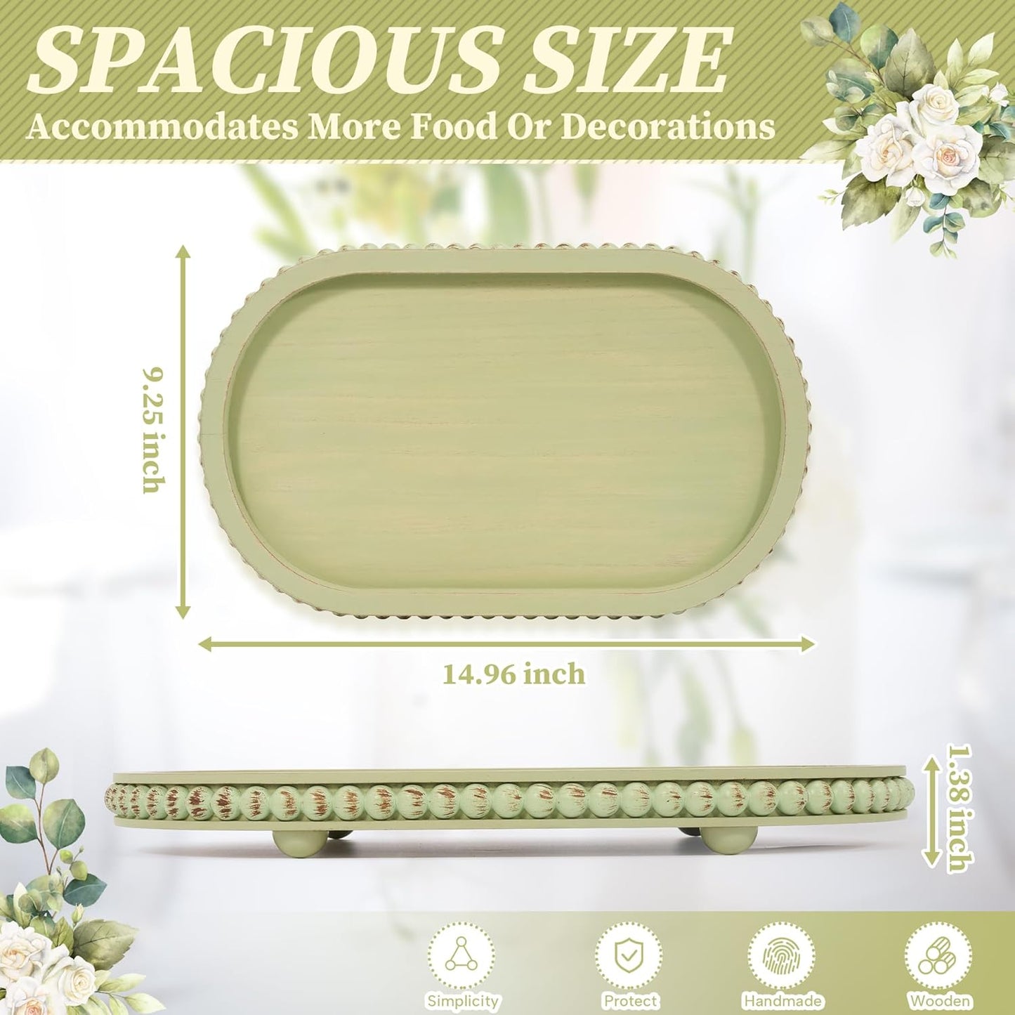 HPC Decor 12in Round Wood Tray - White, Distressed, Farmhouse Rustic - Decorative Tray for Living Room, Coffee Table, Kitchen Table or Farmhouse Serving Tray