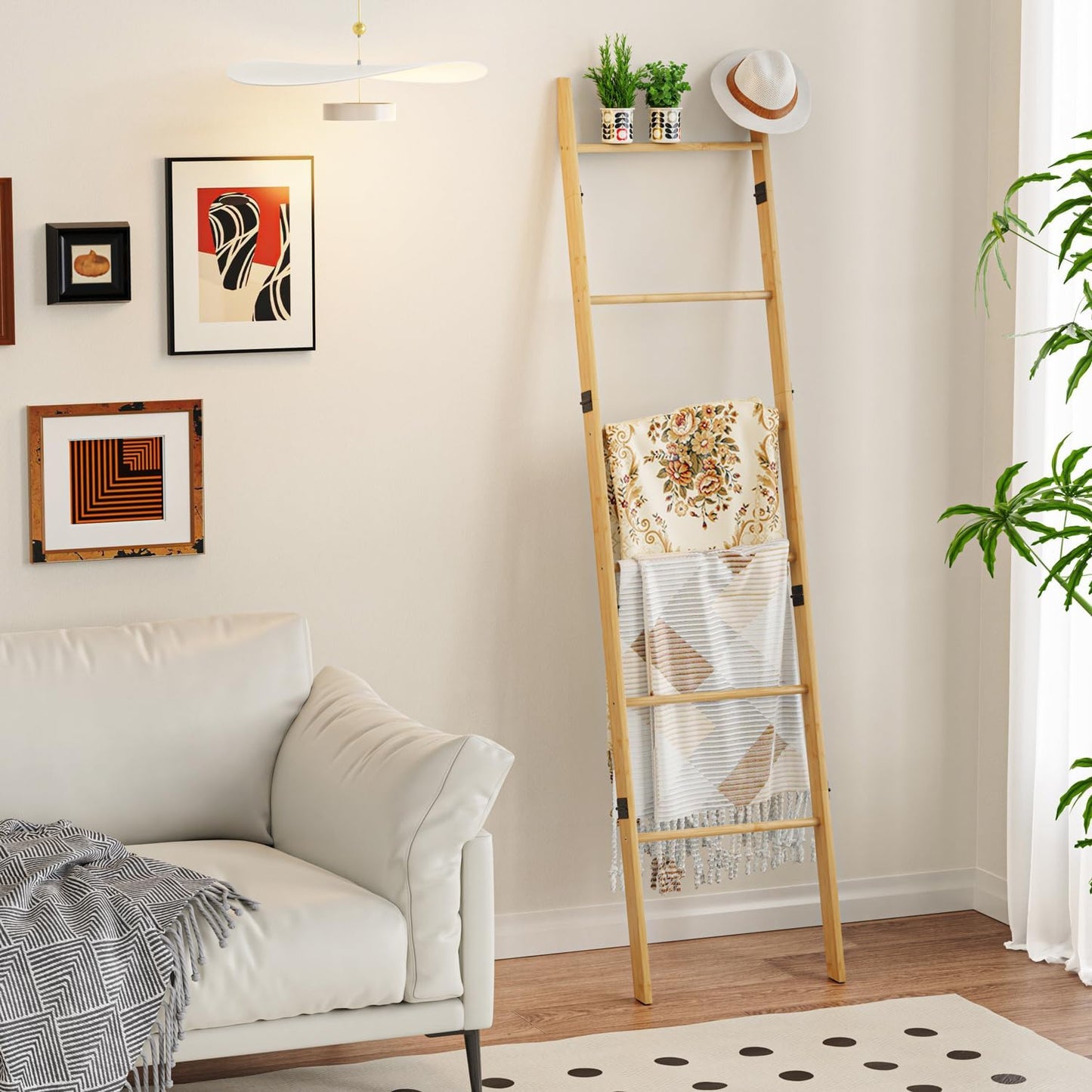 BAMBANG 6-Tier Blanket Ladder for Living Room, Blanket Quilt Ladder Rack Rustic Decorative Towel Holder, Wall Leaning Blanket Ladder Shelf Storage Farmhouse Decor for Bedroom Bathroom, Black