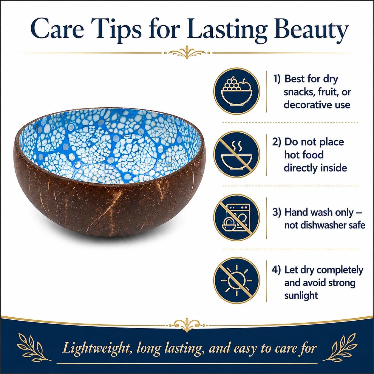 ChezMax Natural Coconut Bowl with Mother of Pearl Inlays - Key Bowl & Fruit Snack Holder (Blue-Gold)