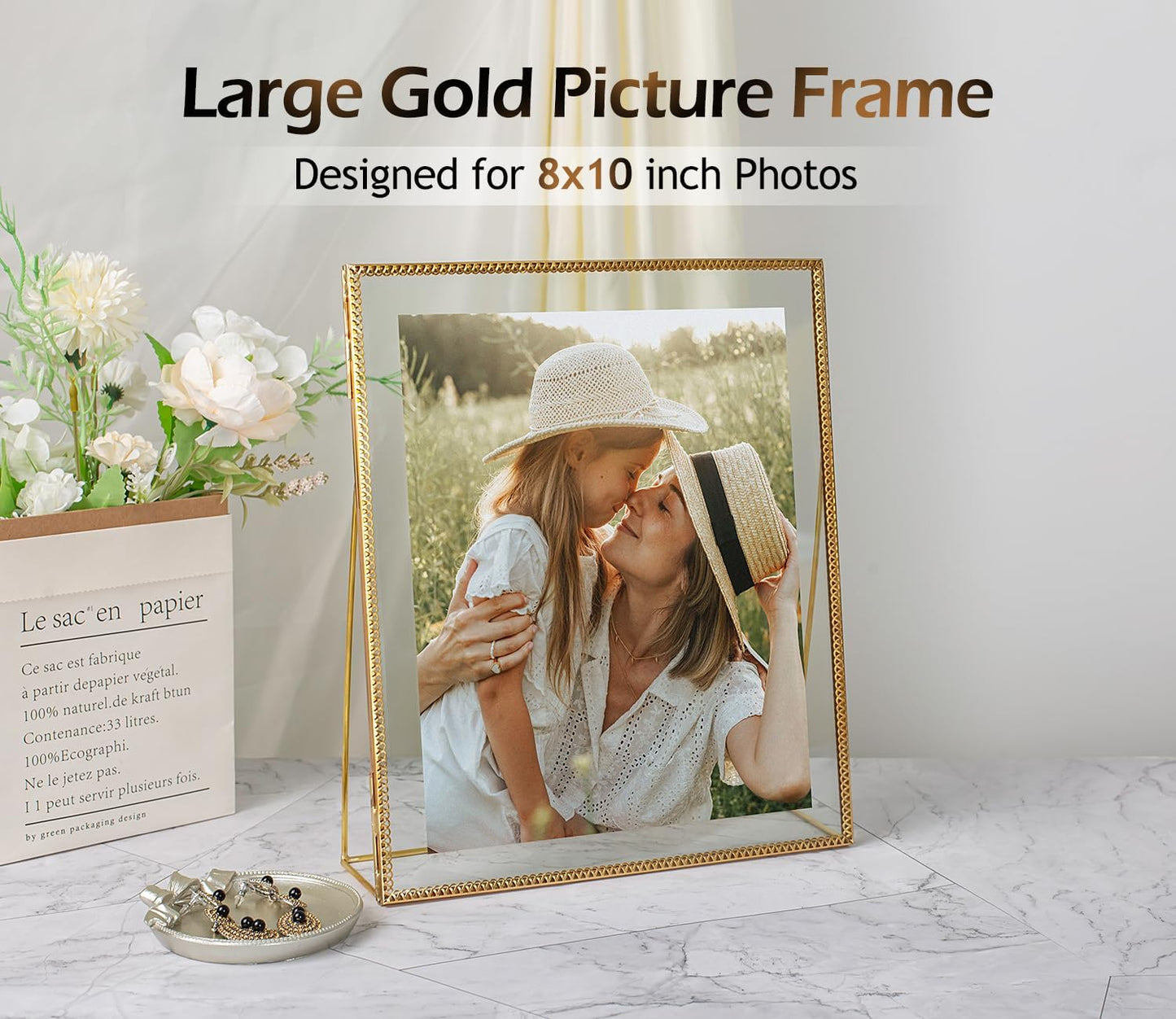 Gold Floating Picture Frame Set of 2, 10"x12" Glass Pressed Flower Picture Frames, Tabletop Standing Glass Floating Frame for 8x10 Photo Display