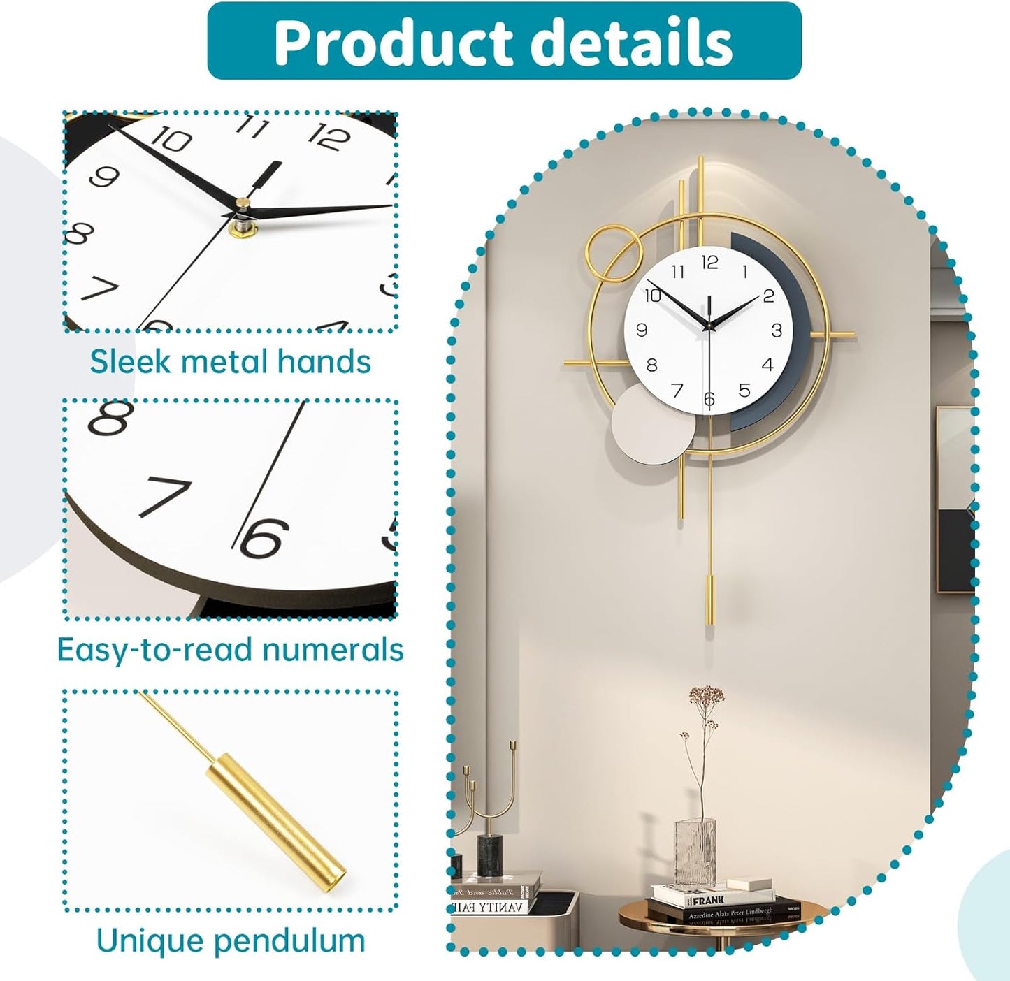 Wall Clock for Living Room Decor Decorative Wall Clock with Pendulum Silent Quartz Battery Operated Black Metal Large Clock for Dining Room,Kitchen,Home,Bathroom,Bedroom,13.8x21.3 in
