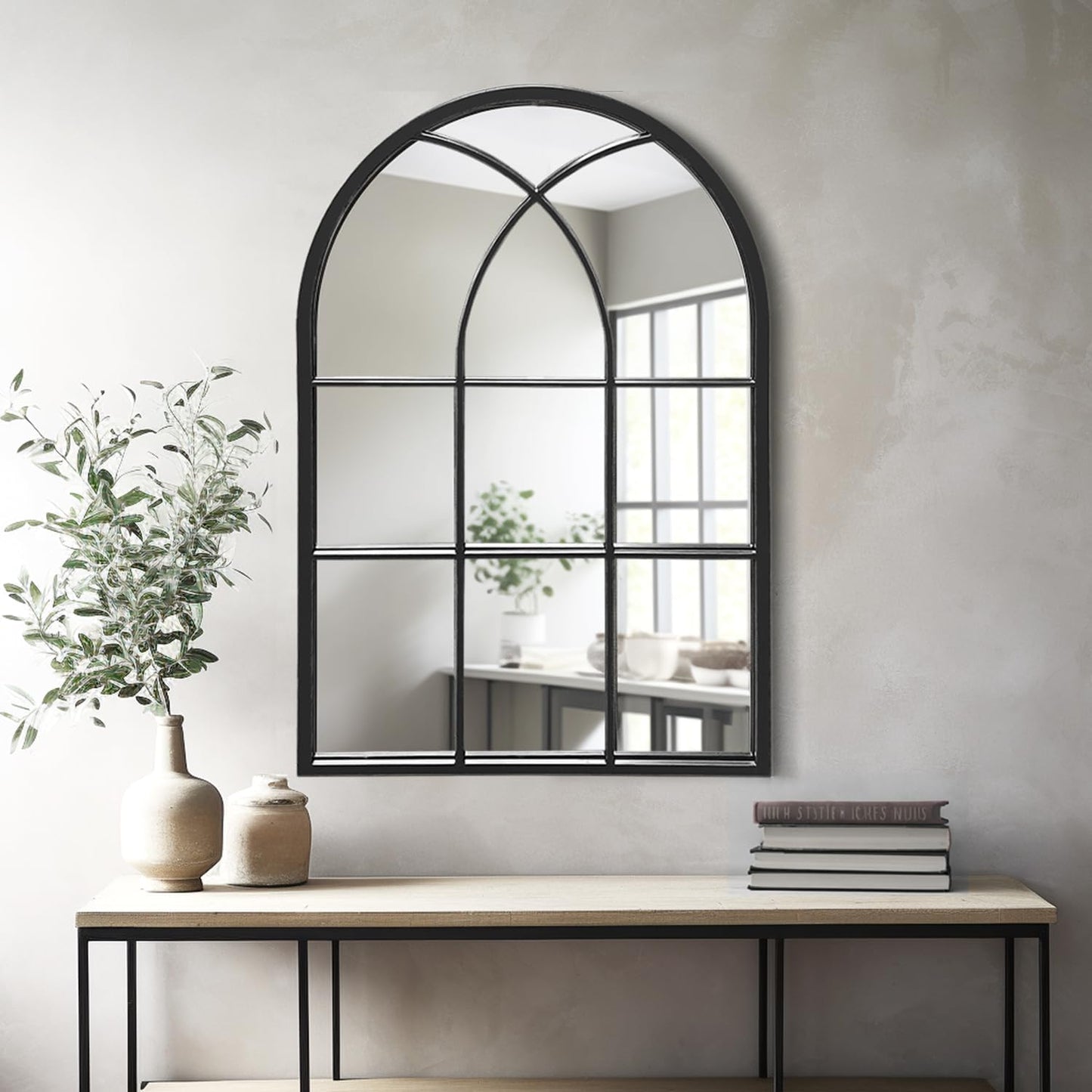 Dewfig 65"x 22" Arched Window pane Full Length Mirror, Wall Mirror, Floor Standing Mirrors, Farmhouse Long Full Body Mirrors Wall Mounted for Living Room, Bedroom, Entryway, Fireplace, Black
