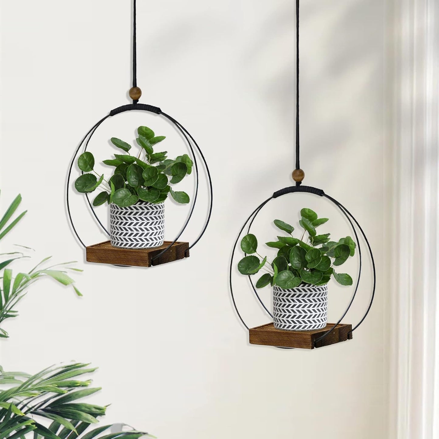 Hanging Planter for Indoor Plants, Black Plant Hanger Indoor with Sturdy Wood Base, Modern Boho Macrame Plant Hanger for 3-5.5 Inch Pot, Hanging Wall Ceiling Window Home Decor (Pots Not Included)