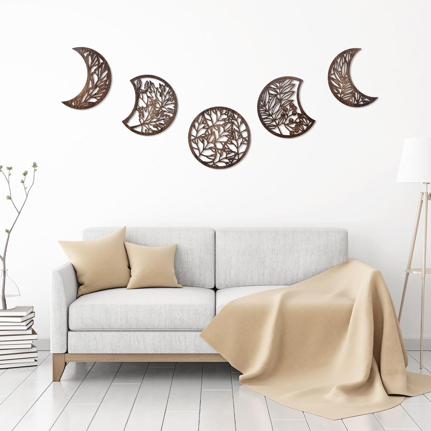 Jetec 5 Pcs Moon Phase Wall Art Decor Wall Pediments Hanging Wooden Phase Spiritual Bedroom Nordic Boho Lunar Aesthetic Art for Living Room Dorm Apartment Ornament(Brown,10.6 Inch,Botanical)