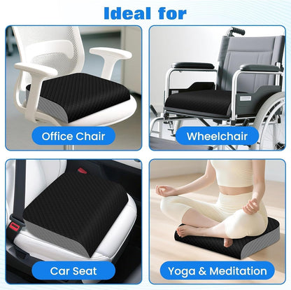 Seat Cushion, Memory Foam Chair Pad for Sciatica & Hip Pain Relief, Non-Slip Cushion for Office, Home, Car, Large Desk Chair Cushion, Washable Cover & Handle, Large, Black