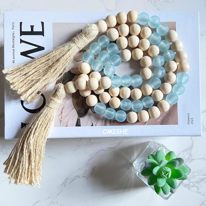 OMISHE Wood Bead Garland with Tassels 61 Inches, Boho Decorative Beads, Farmhouse Beads Garland for Home Tiered Tray Decor, Beige Gray
