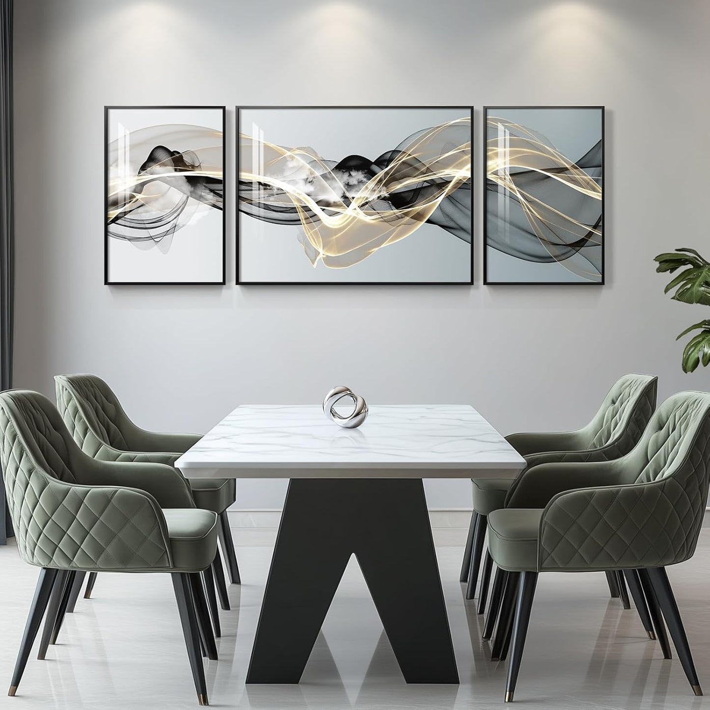 Framed Modern Luxury Gold Wall Art, Set of 3 Piece Contemporary Paintings Artwork for Walls, Golden Prints Pictures with Gold Frame, Wall Decor for Living Room, Hallway, Bedroom, Office 16x24 Inch
