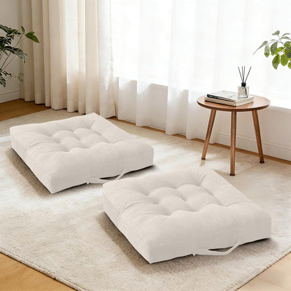 Floor Pillow Dark Grey Washable Floor Sitting Cushions 18x18 Inch 2-Pack, Meditation Yoga Pillows for Sitting on Floor Tufted Corduroy Seat Pads with Handle for Office Dining Room Seats