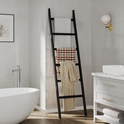 Blanket Ladder Towel Racks For Bathroom 5 Layers Towel Holder 100% Bamboo Wood Sturdy Construction No Need Wall Drilling Quilt Scarf Storage Solution Decorative Leaning Shelf for Living Room (White)