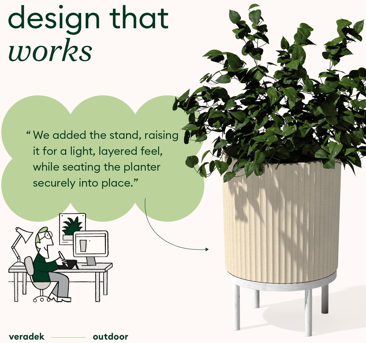 Veradek Demi Series Round Planter w/ Stand for Porch/Patio | Durable Plastic-Concrete & Wooden Stand | Modern Décor for Tall Plants, Flowers